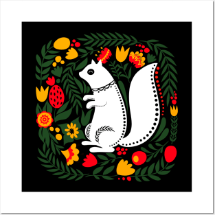 Folk Art White Squirrel with Bright Flowers and Leaves Posters and Art